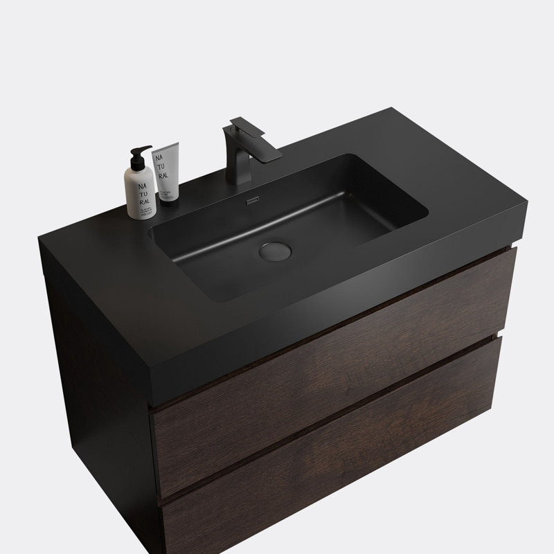 Ensemble de meuble-lavabo mural simple 35,80 po avec plateau Maare, Noir, Brun