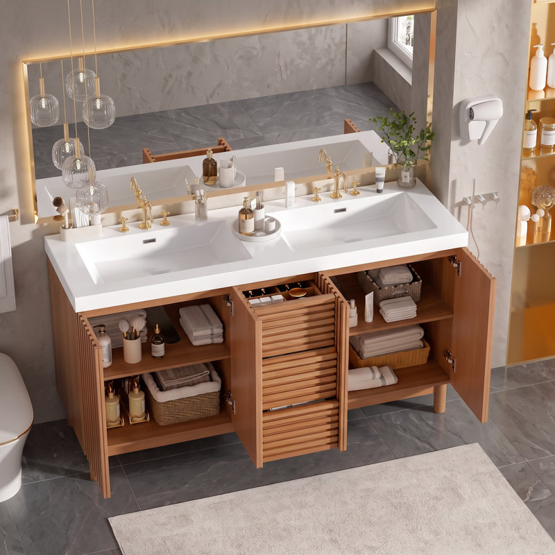 Meuble-lavabo double lavabo de 150 cm avec lavabo en résine SMC, caisson en MDF avec pieds en bois massif, charnières à fermeture douce et système de tiroirs dissimulés pour le rangement de la salle de bain.