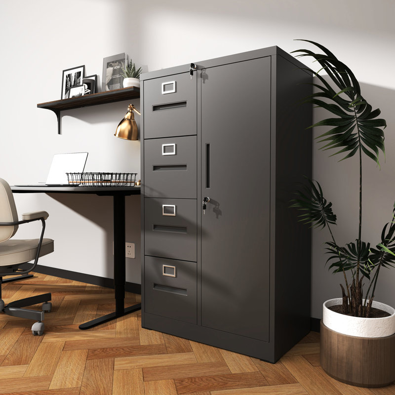 Black File Cabinet With 4 Drawers, Adjustable Hanging Rails, , Suitable For Living Room Steel Locker Lock, And Storage Wardrobe, High - Quality Material, Silent Operation Bedroom