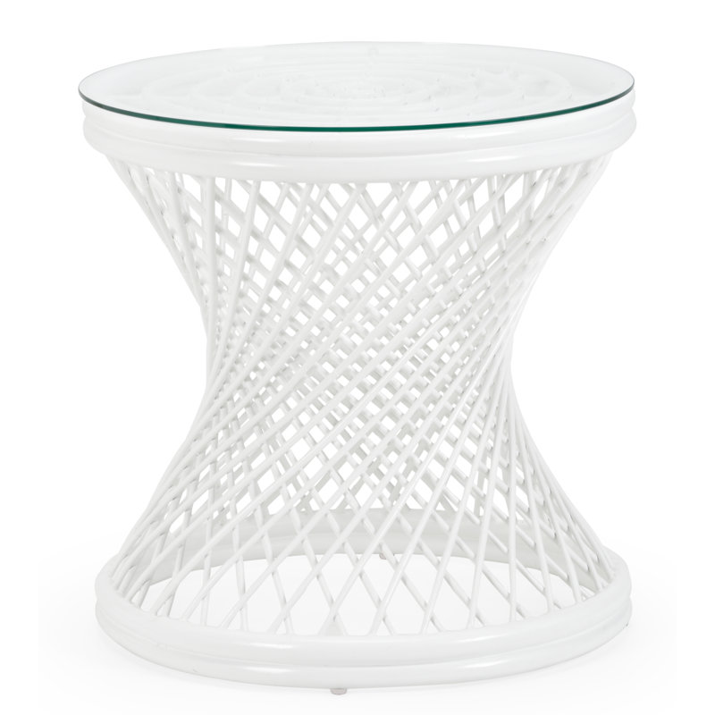 White Rattan and Glass Round Side Table