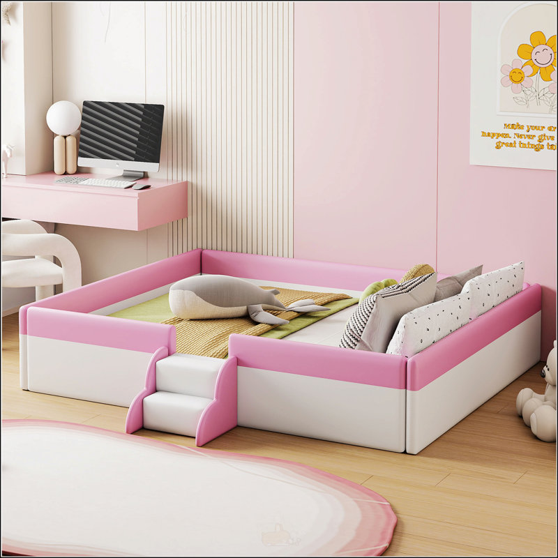 Queen Size Upholstered Daybed Frame With Fence And Stairs, Perfect For Comfort And Space-Saving In Modern Homes, White/Pink