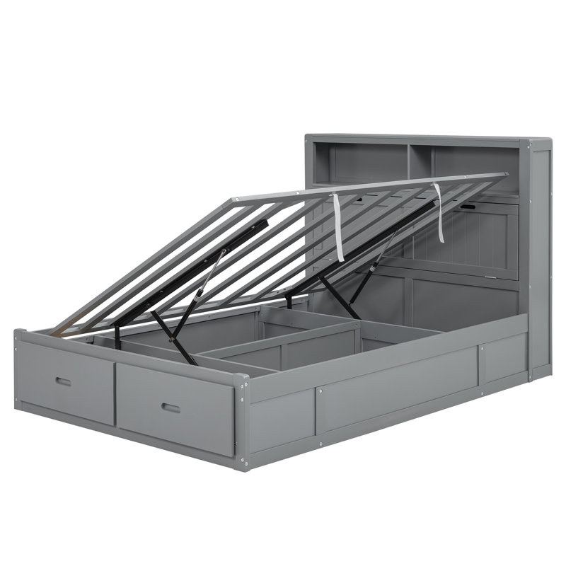 Wood Hydraulic Platform Bed With Storage Led Headboard, Queen, Gray