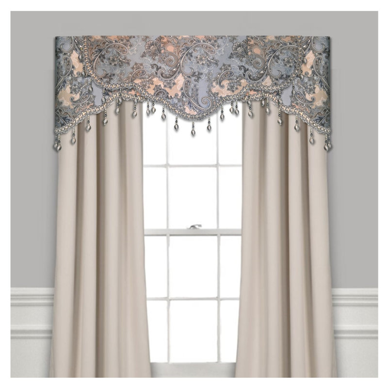 Gray and Beige Scalloped Rod Pocket Valance with Beaded Trim