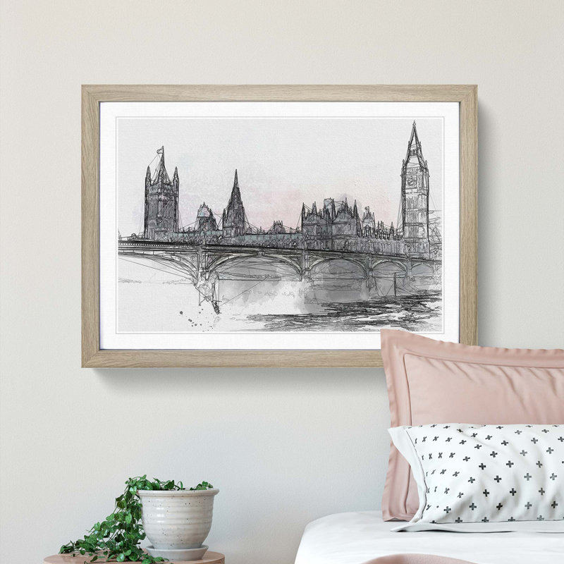 Houses of Parliament & Big Ben in Abstract - Picture Frame Graphic Art Print, 36cm H x 48cm W x 2cm D, Oak Framed