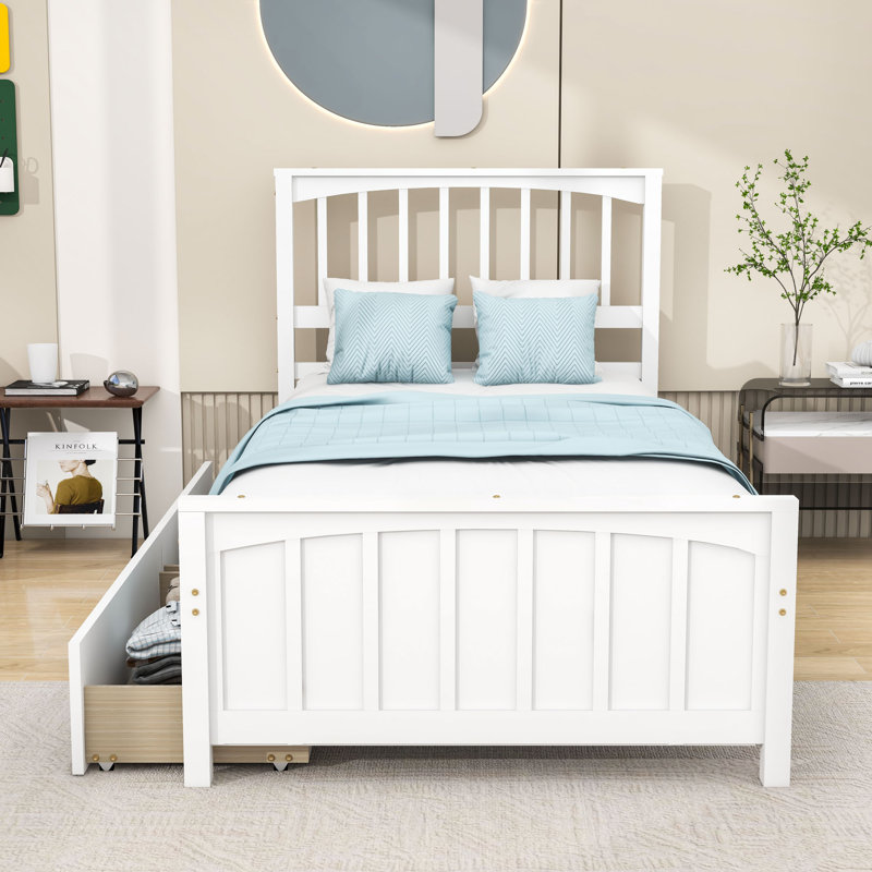 Lit plateforme simple en bois avec tiroirs de rangement intégrés, Blanc