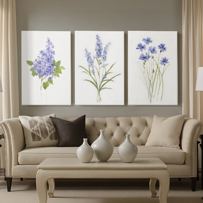 Lilas botanique délicat - Toile tendue sur mesure - 3 pièces, H 12 po x l 24 po