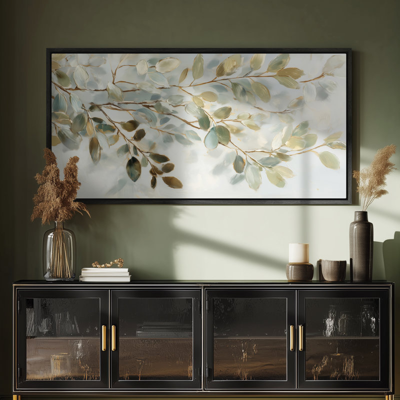 Branches de feuilles vertes et dorées avec lumière douce pour impression murale de salle à manger ou de salon, Noir
