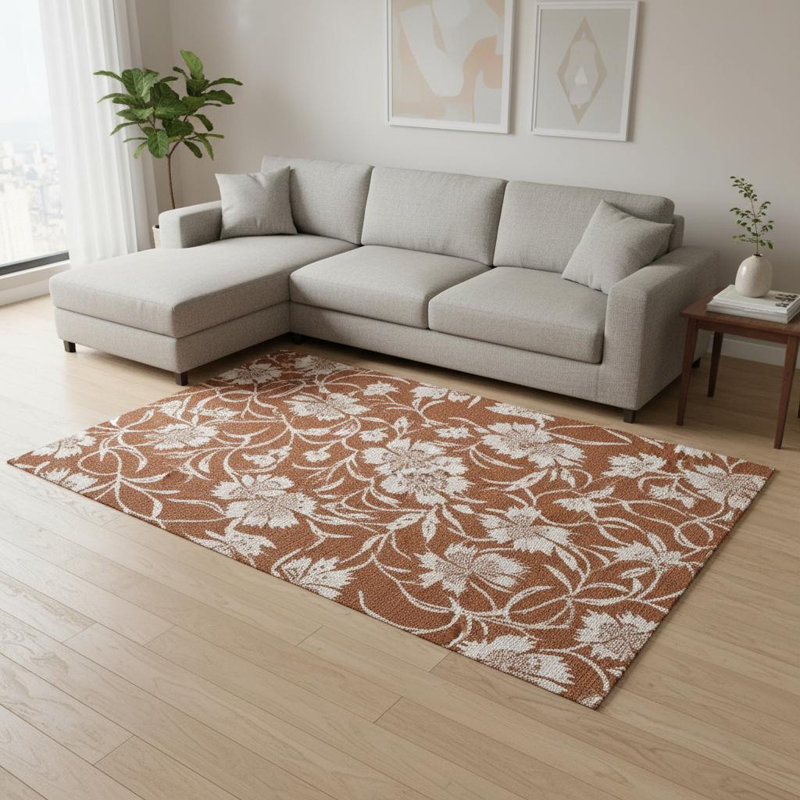 Tapis à feuilles botaniques orange et blanc 8 pi x 11 pi