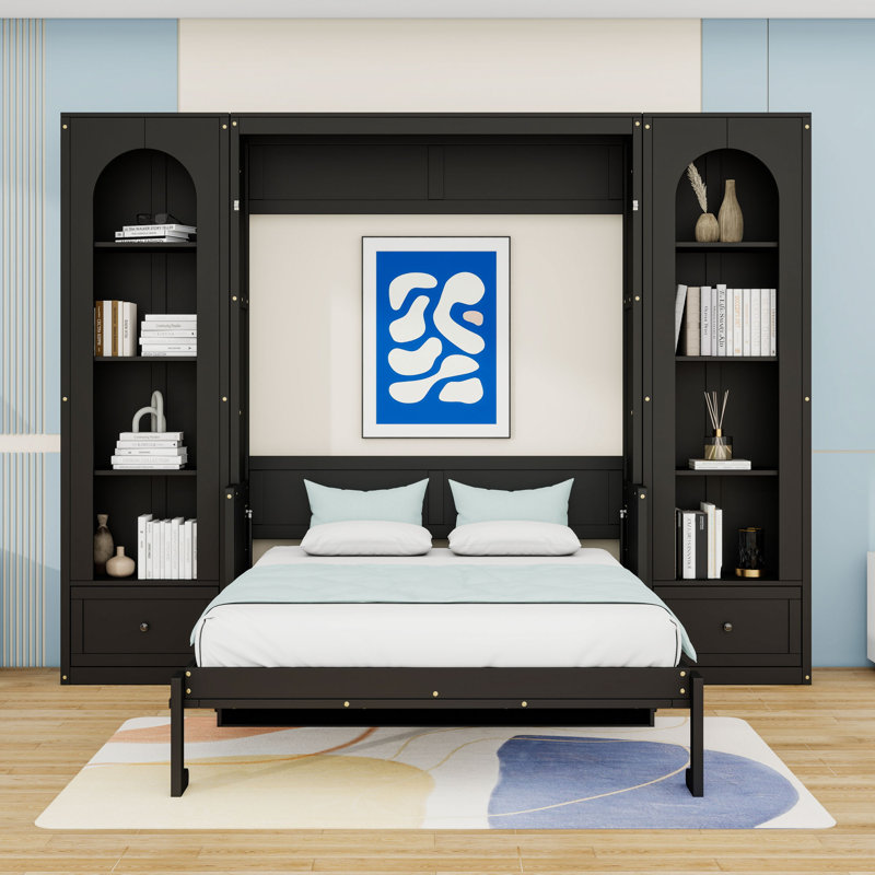 Queen Murphy Bed with LED, Side Cabinets and Ample Storage, Black
