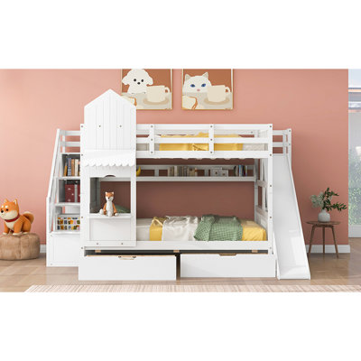 Lit superposé double pleine grandeur avec 2 tiroirs, 3 tablettes et glissière - Idéal pour la chambre à coucher