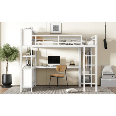 Grand lit mezzanine avec bureau et garde-robe, métal, blanc, robuste, peu encombrant, facile à assembler, fabrication solide en métal, assemblé