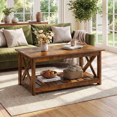 Table basse de table basse pour le salon, table de centre rustique de 40,1 po avec support en X et tablette de rangement, tables basses en bois à 2 niveaux pour chambre à coucher et balcon