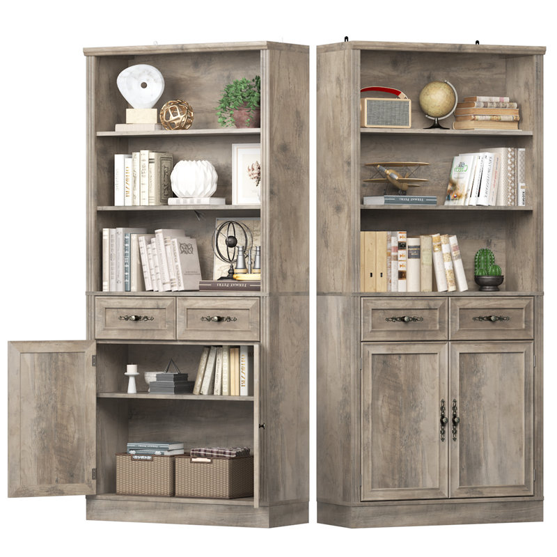 71.4" Tall Modern Bookcase with 2 Doors and 2 Drawers, Book Cabinet Storage with Vintage Handles for Living Room, Bedroom, Home Office