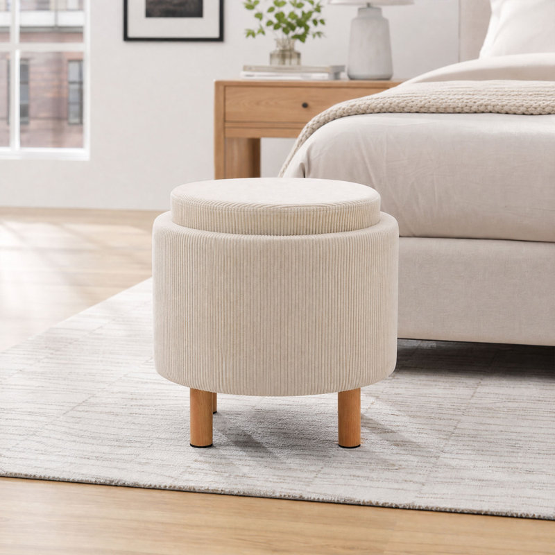 Pouf de rangement rond de 42 cm de haut avec couvercle amovible et pieds en bois massif