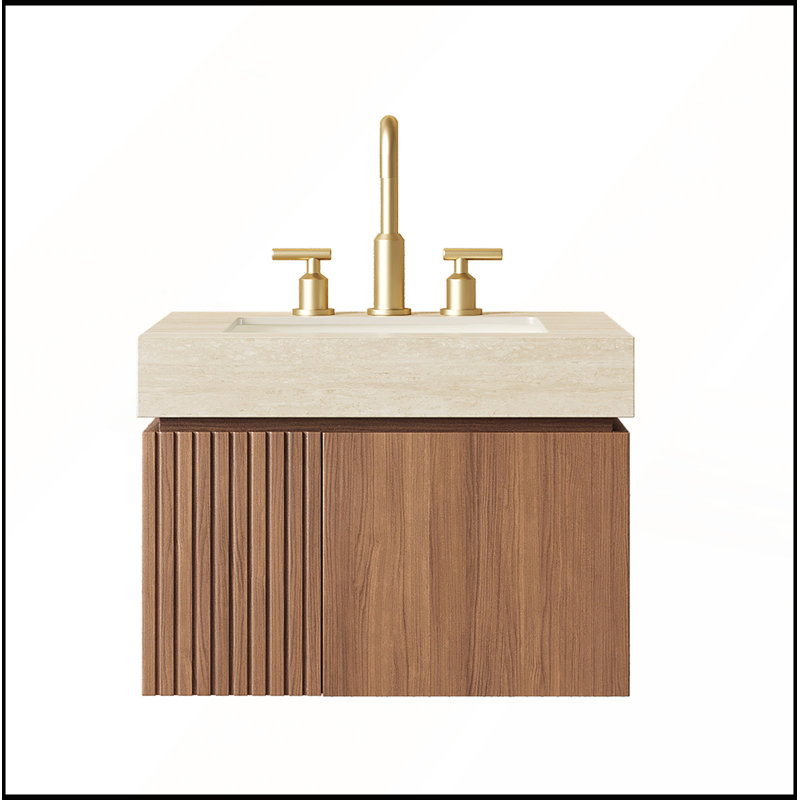 Armoire de rangement flottante en contreplaqué de salle de bain 24 po, plateau en pierre frittée Roma Traiter et lavabo en céramique pré-assemblé, grain de bois de chêne brun