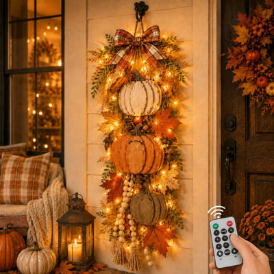 Skeleton hanging ghost Wooden Pumpkin Door Hanging With Warm LED Lights
