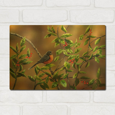 «Robin with Holly» par Sarah Davis, art mural en métal doré, 16 po x 12 po