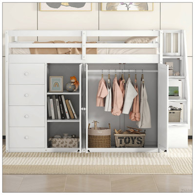 Full Size Wood Loft Bed With Built-in Wardrobes, Cabinets and Drawers, White