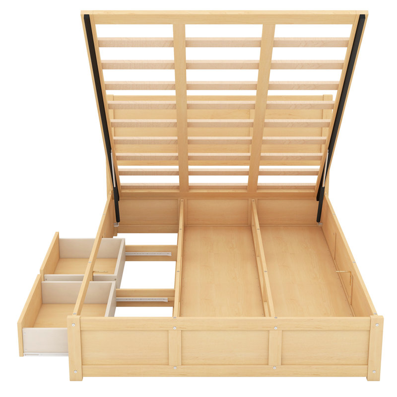 Lit plateforme couleur bois naturel avec compartiments de rangement et 2 tiroirs - Finition de tiroir de chambre stable pour
