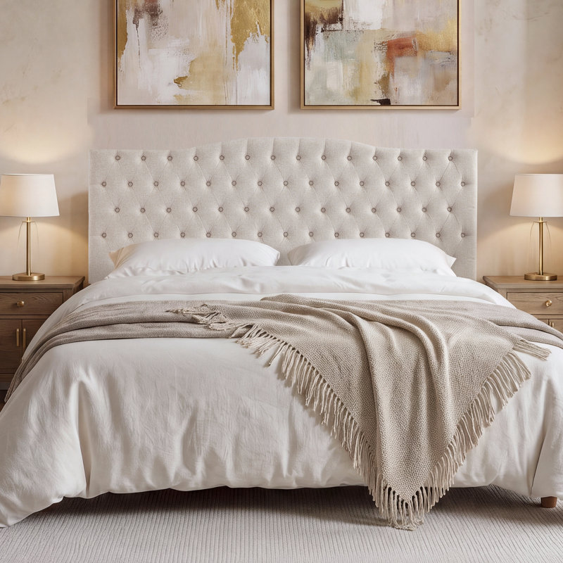 Aveigha Arched Upholstered Headboard, King, Beige Linen
