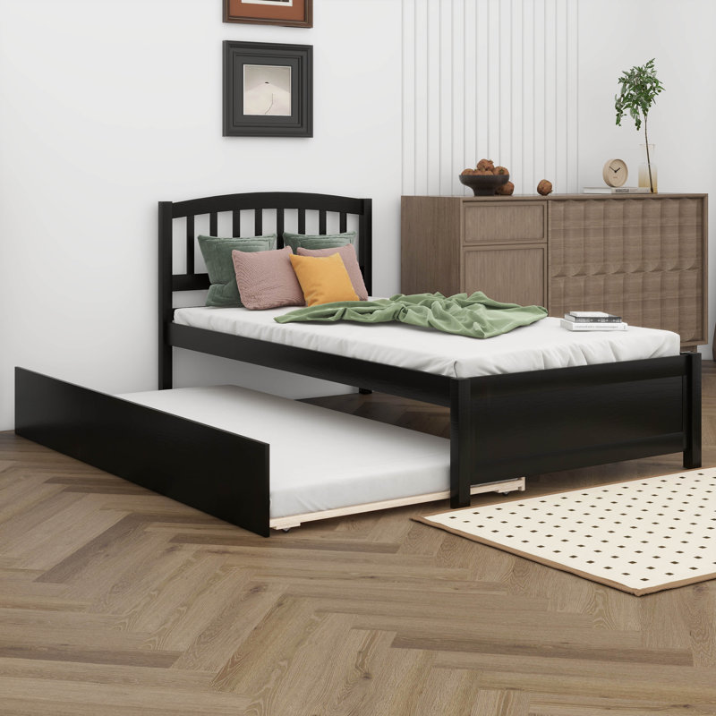 Lit plateforme simple avec lit gigogne, cadre de ferme en bois avec tête de lit courbée, support à lattes de bois, Espresso