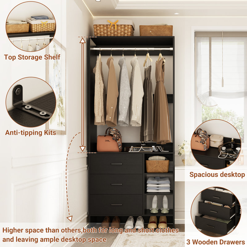 10ft Closet System with Wooden Drawers and Hanging Rods, Black
