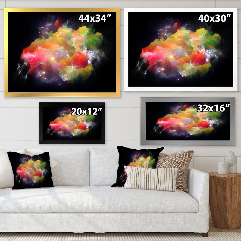 Nébuleuse colorée, fleur cosmique - décoration murale moderne en toile, Cadre noir, H 8 po x l 12 po