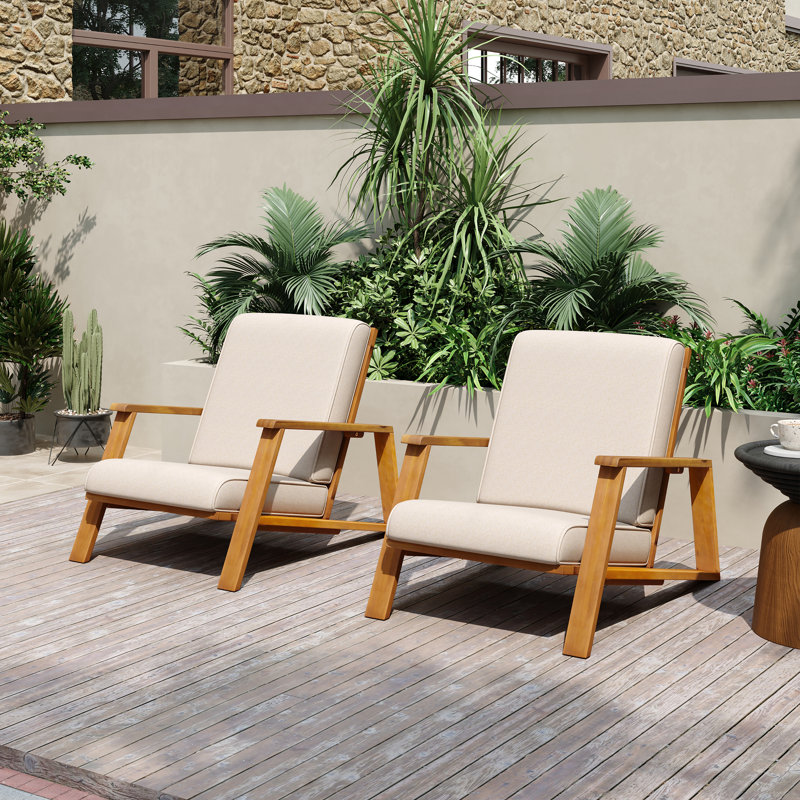 Chaise de patio avec coussins Isham, Coussin en polyester beige / structure en teck
