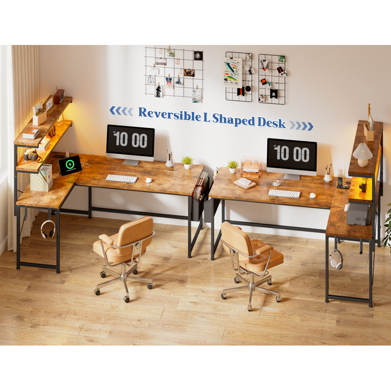 Bureau d'ordinateur en L avec lumières DEL et prise de courant, bureau de jeu réversible de l 53 po avec tablette de rangement, sac latéral, crochets pour bureau personnel, brun rustique