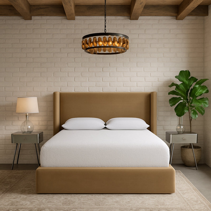 Kendall Wanaque Velvet Upholstered Bed, Beige Velvet, Full