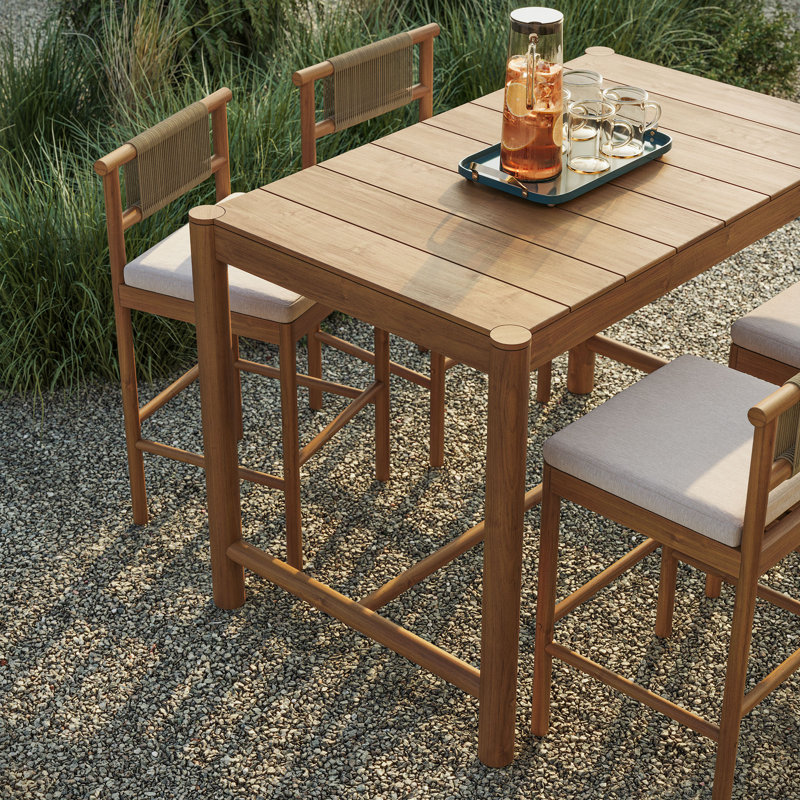 Akeya 5-Piece Outdoor Teak Wood Bar Set In Natural Sail, Natural, Sail