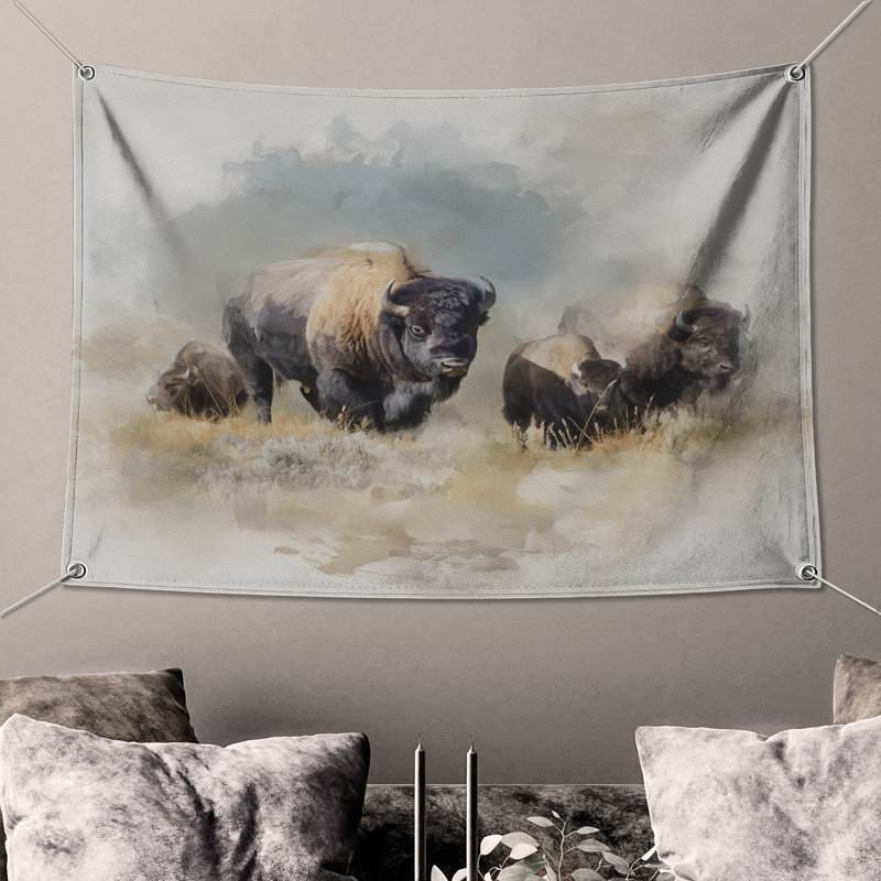 Tapisserie murale Bison Watercolor Art - Bison Wall Decor, H 104 po x 88 avec 4 œillets