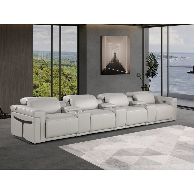 7-Piece 4-Power Reclining Italian Leather Sofa With Power Headrest, Light Gray