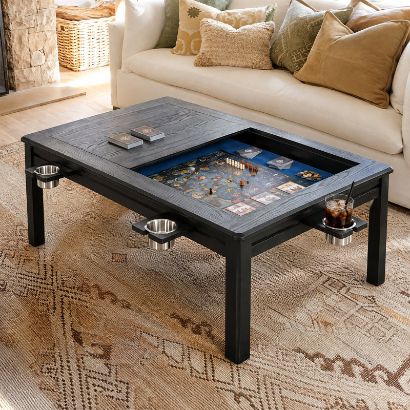Table basse et table de jeu convertible en bois massif avec rangement caché pour casse-têtes Haven, Noir