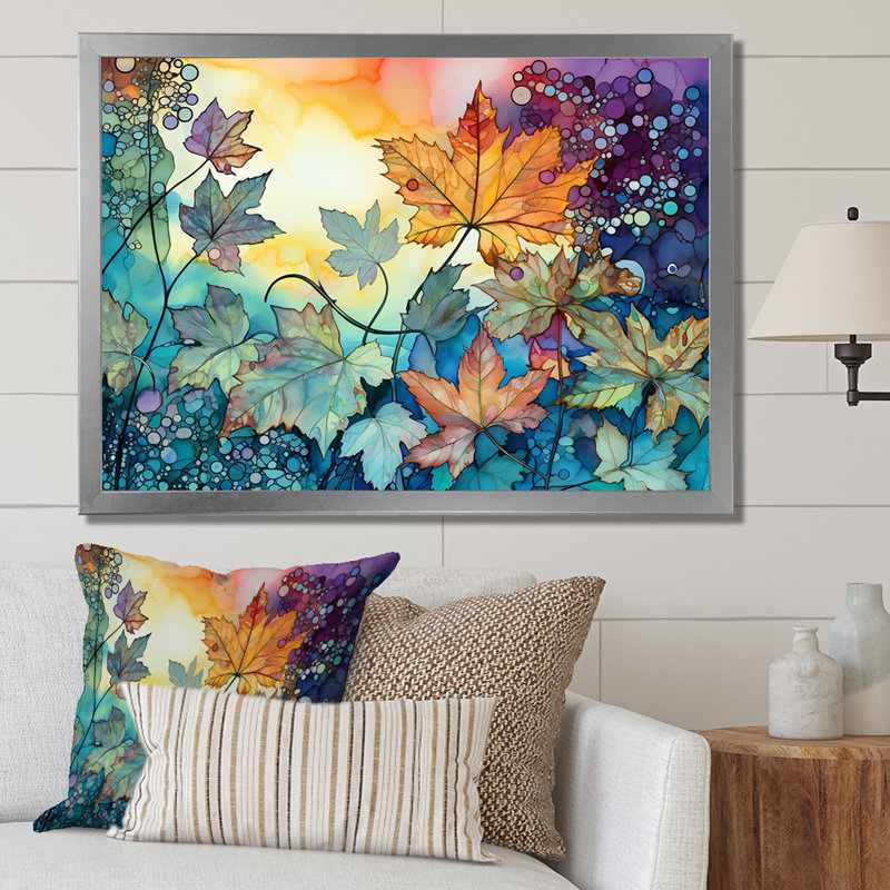 «Leaves Autumn Sunlight Harmony» sur toile, Cadre simple argenté, H 34 po x l 44 po x P 1,5 po