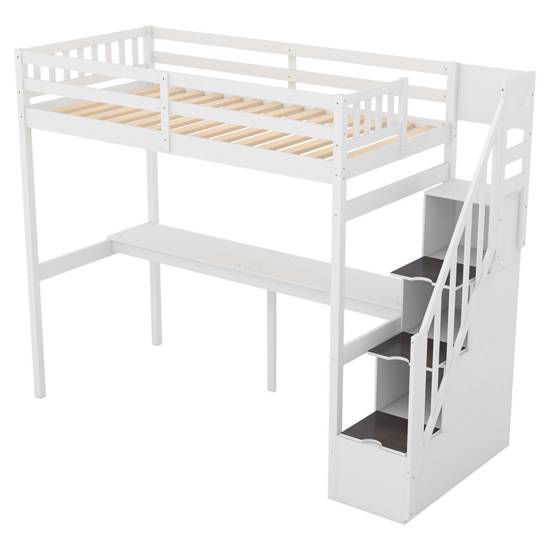 Lit mezzanine avec escalier de rangement et bureau intégré, Blanc