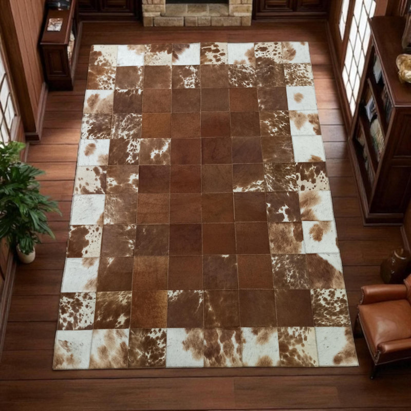 Tapis brun en peau de vache patchwork, tapis en peau de vache naturelle, Rectangle 3 pi x 3 pi 4 po