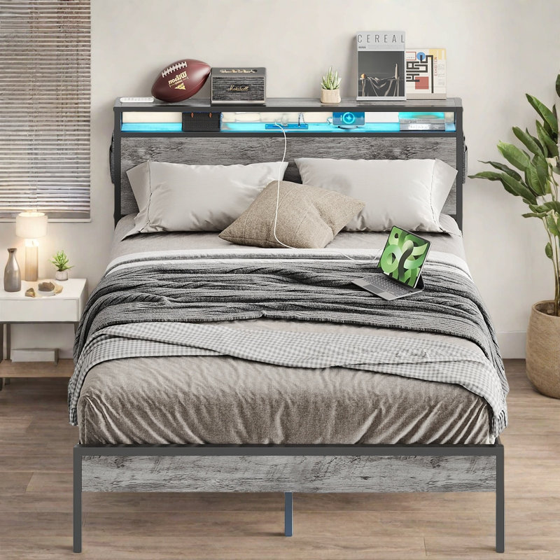 Annice Bed Frame with LED Light and Charging Station,Metal Platform with Power Outlets,Noiseless,No Spring Box Needed, Queen