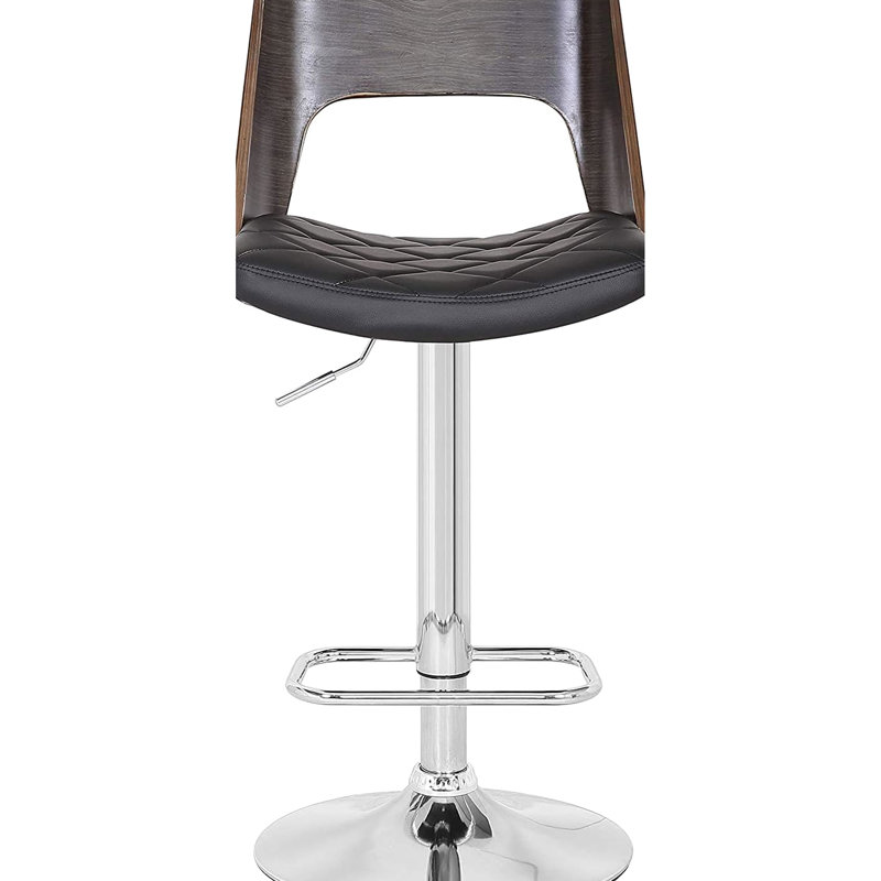 Tabouret de bar pivotant de style américain, hauteur réglable, revêtement noir et dossier en chêne vieilli à motif losanges, pour une utilisation au comptoir.