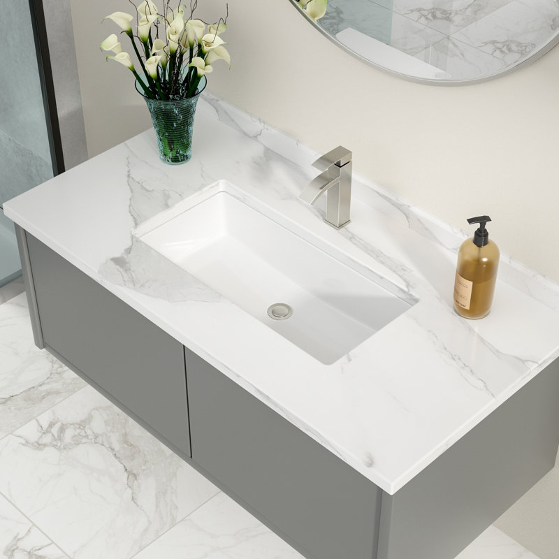 28" L x 14" W Undermount Bathroom Sink Rectangular White Ceramic Bathroom Sink Vanity Basin with Overflow
