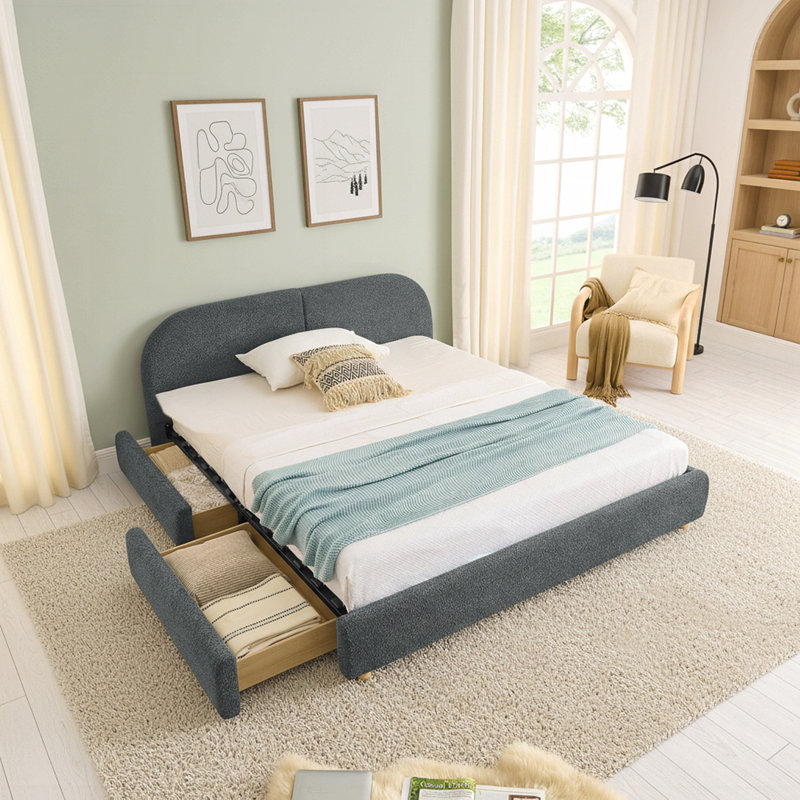 Structure de lit rembourrée avec tête de lit, rangement pour tiroir robuste sur roulettes, matelas non inclus, Très grand lit