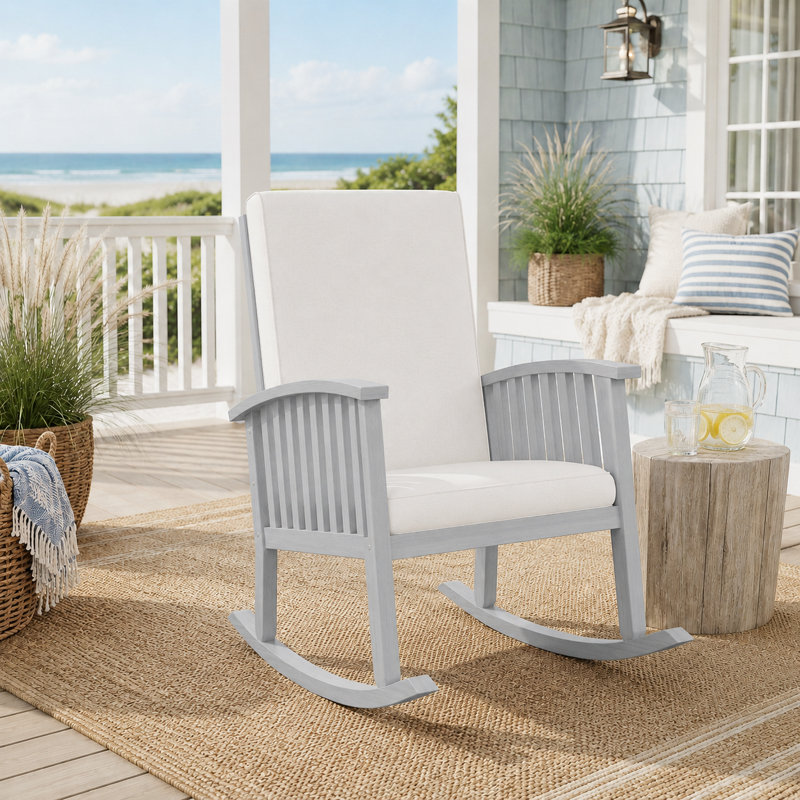 Chaise berçante d'extérieur rustique, bois d'acacia de la Casa, salon de jardin rembourré et confortable, Ivory