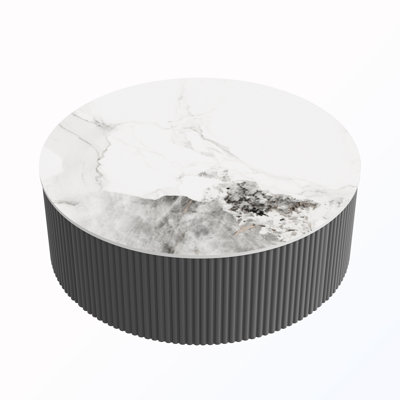 Round Movable Coffee Table With Casters And 2 Drawers