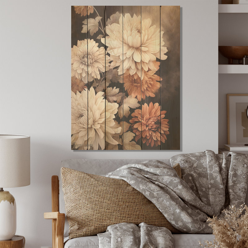Symphonie de choranthemums beige rétro - art mural sur bois de pin naturel, H 20 po x l 10 po