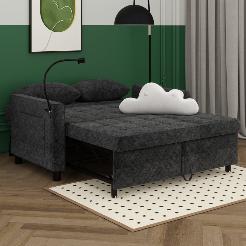 56.9" Sleeper Sofa With Pull-Out Bed, Sofa Bed With Reversible Backrest And Side Pocket, Two USB Ports And A Phone Holder
