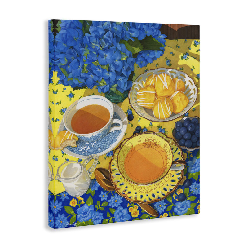 «Blue and Yellow Tea Party», art mural sur toile par Mardell Schuster, H 20 po x l 16 po
