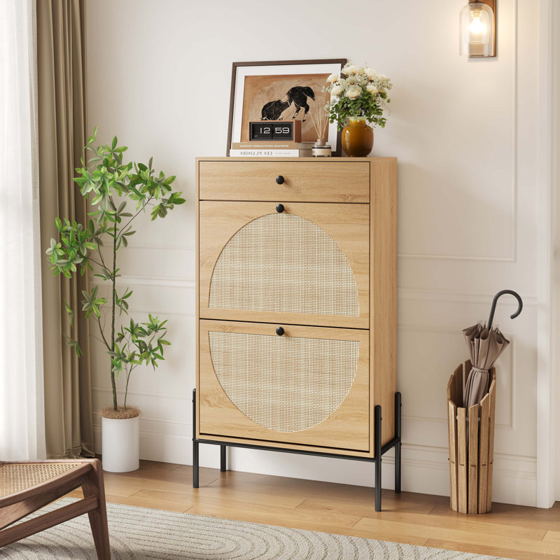2-Door Shoe Storage Cabinet With Rattan Fronts & Drawer / Freestanding Entryway Organizer With Adjustable Shelf, Wood