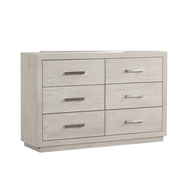 Grande commode Kexa, 6 tiroirs, bois massif gris clair, métal nickel