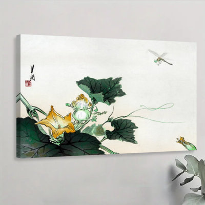 1Pc Framed Canvas Poster Print Cucumber plant with flowers and a dragonfly, Traditional Chinese ink painting style.Wall Art Decor, Perfect for Room Decor Living Room Bedroom Office Kitchen Bathroom Home Decor, Ideal Home Wall Decoration Gift