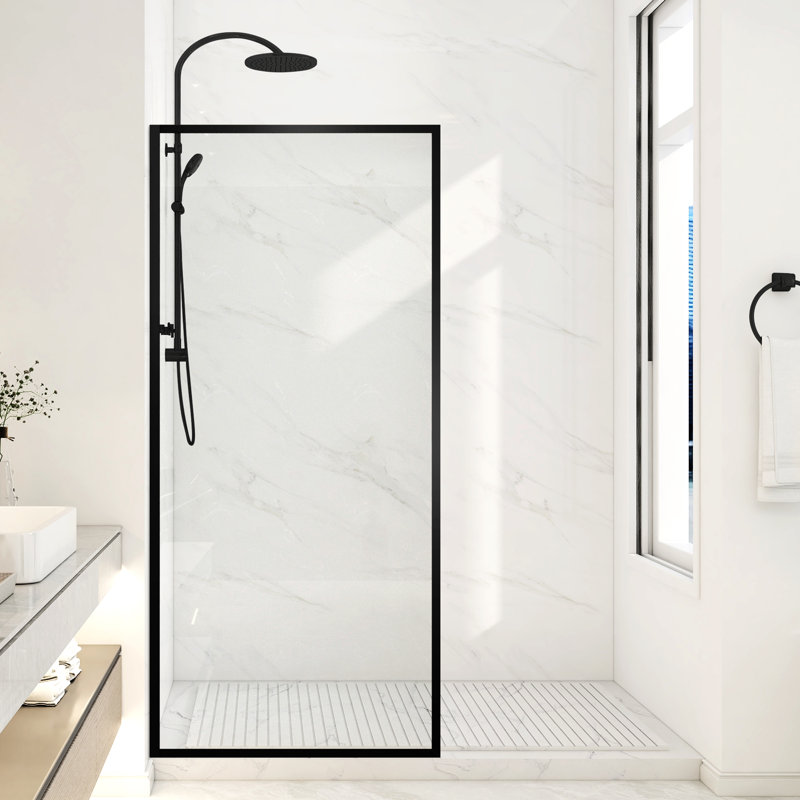 Welle 74 In. X 34 In. Framed Fixed Shower Screen Door In Matte Black With 5/16" (8Mm) Tempered Clear Glass, Clear